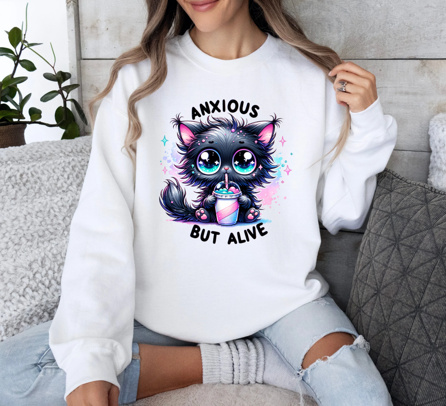 Anxious But Alive Cute Kitten Crewneck Sweatshirt