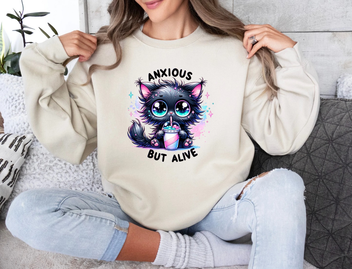 Anxious But Alive Cute Kitten Crewneck Sweatshirt