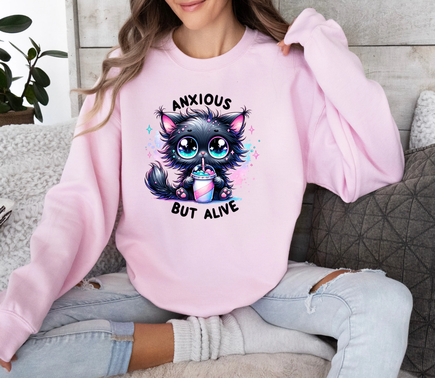 Anxious But Alive Cute Kitten Crewneck Sweatshirt