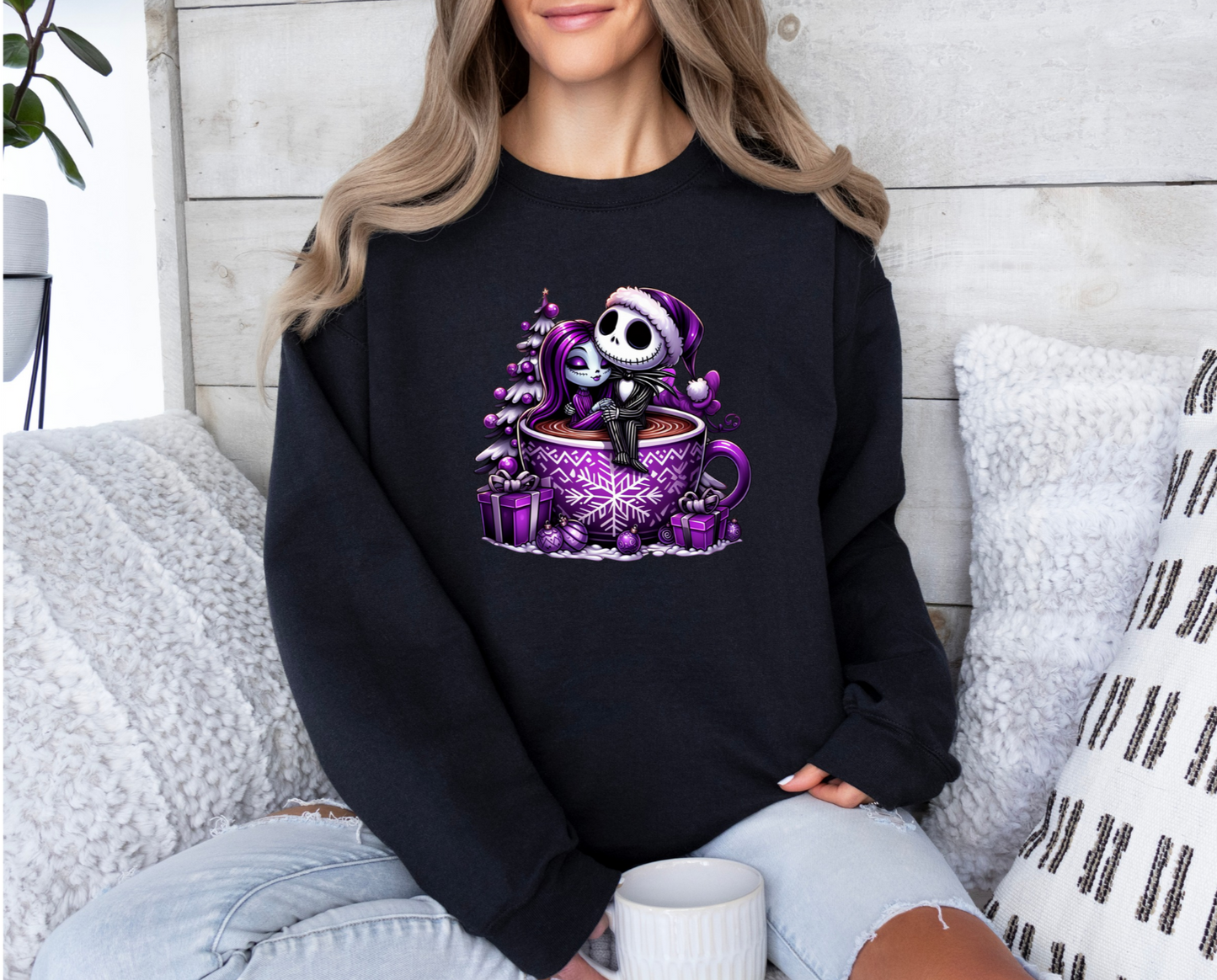 Jack and Sally Hot Cocoa Christmas Cup Crewneck Sweatshirt