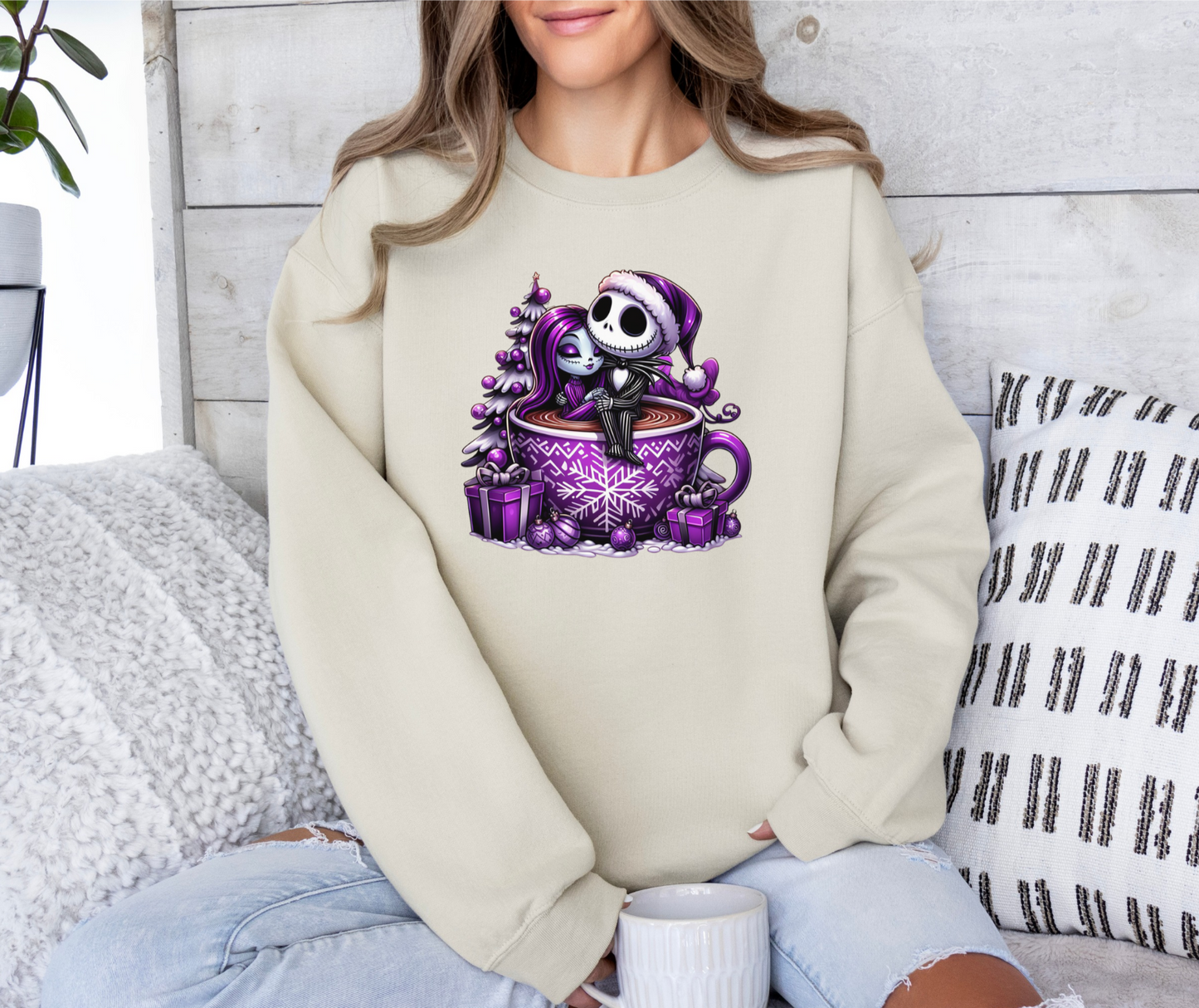 Jack and Sally Hot Cocoa Christmas Cup Crewneck Sweatshirt