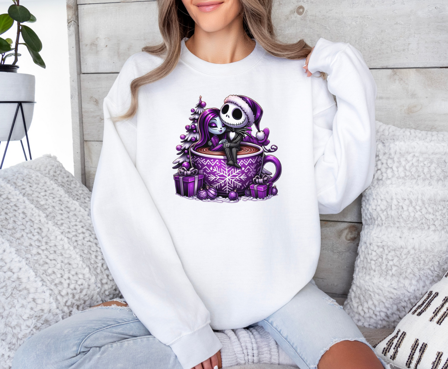 Jack and Sally Hot Cocoa Christmas Cup Crewneck Sweatshirt