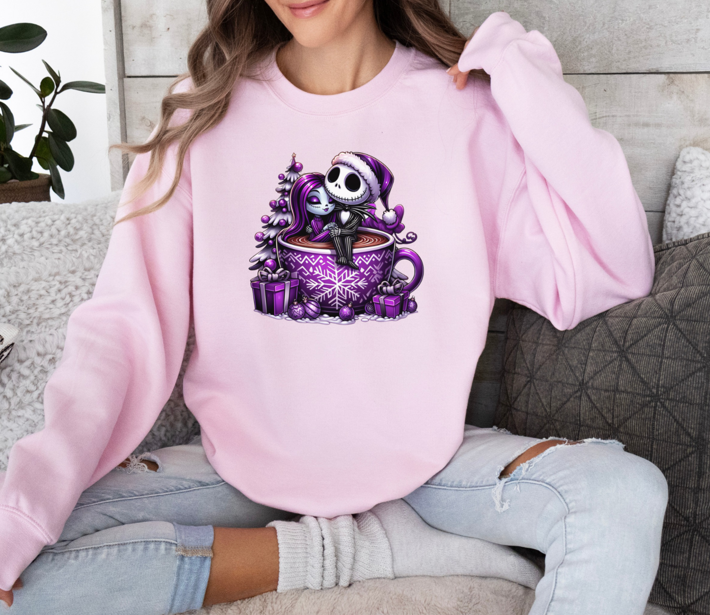 Jack and Sally Hot Cocoa Christmas Cup Crewneck Sweatshirt