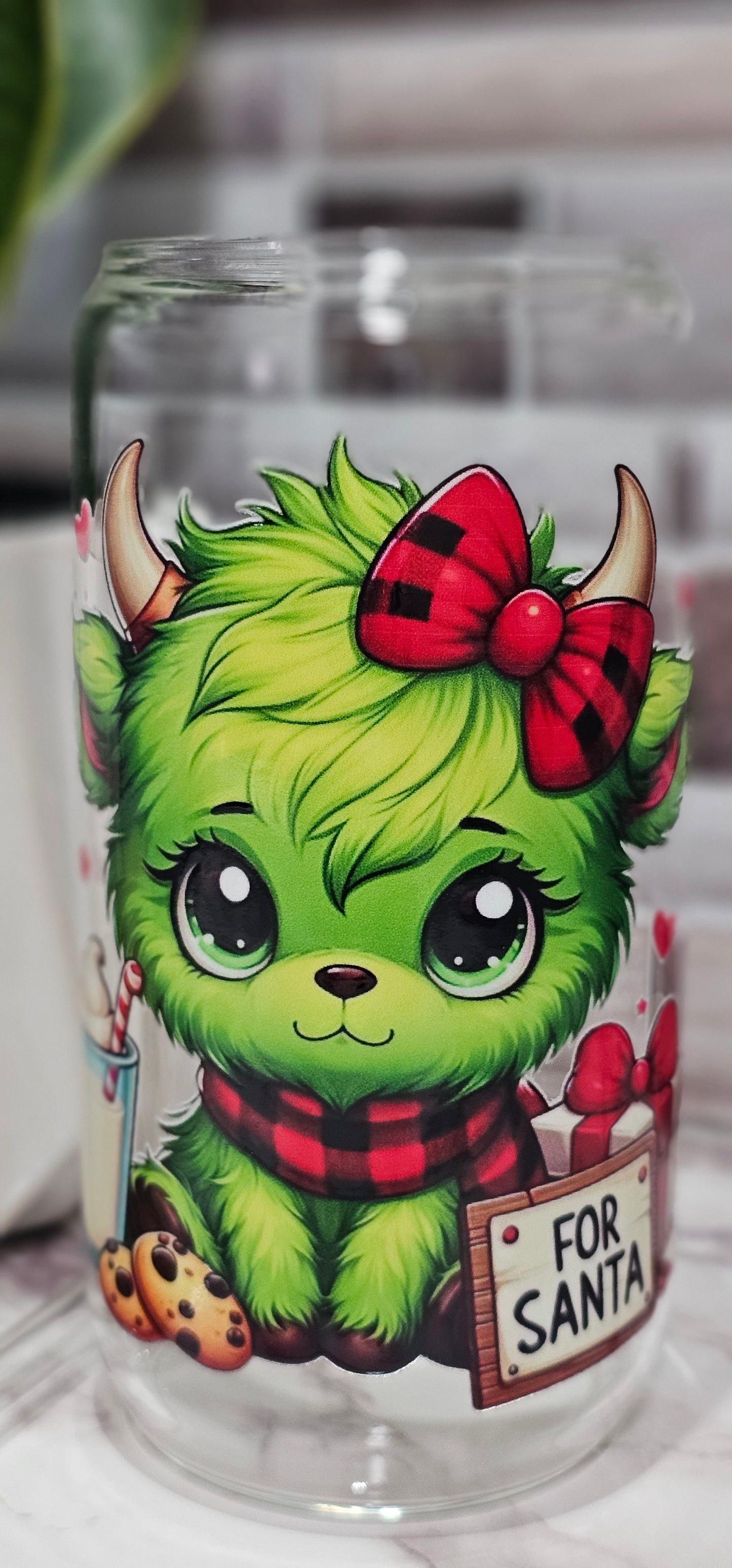 Cute Grinchmas Cow 16 oz Glass Cup